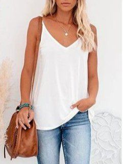 V Neck Casual Shift Sleeveless Tops, White / M Casual Summer Camisole Vest, Casual Beach Vest Camisole, Casual Camisole Vest For Beach, Casual Spring Vest With Tank Straps, Casual Tank Strap Vest For Spring, Casual Vest With Tank Straps For Spring, Casual Summer Vest With Tank Straps, Casual Camisole Tank Top, Casual Solid Color Summer Camisole