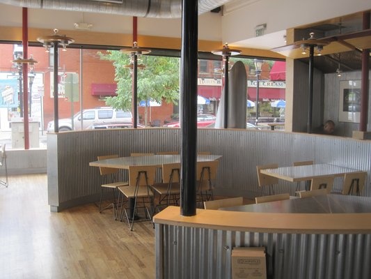 the inside of a restaurant with tables and chairs