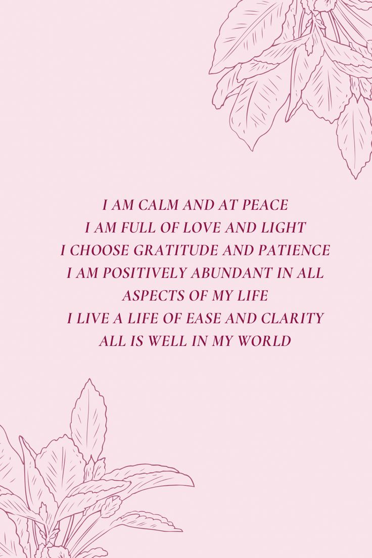 a pink card with the words i am calm and at peace, i am full of love and light