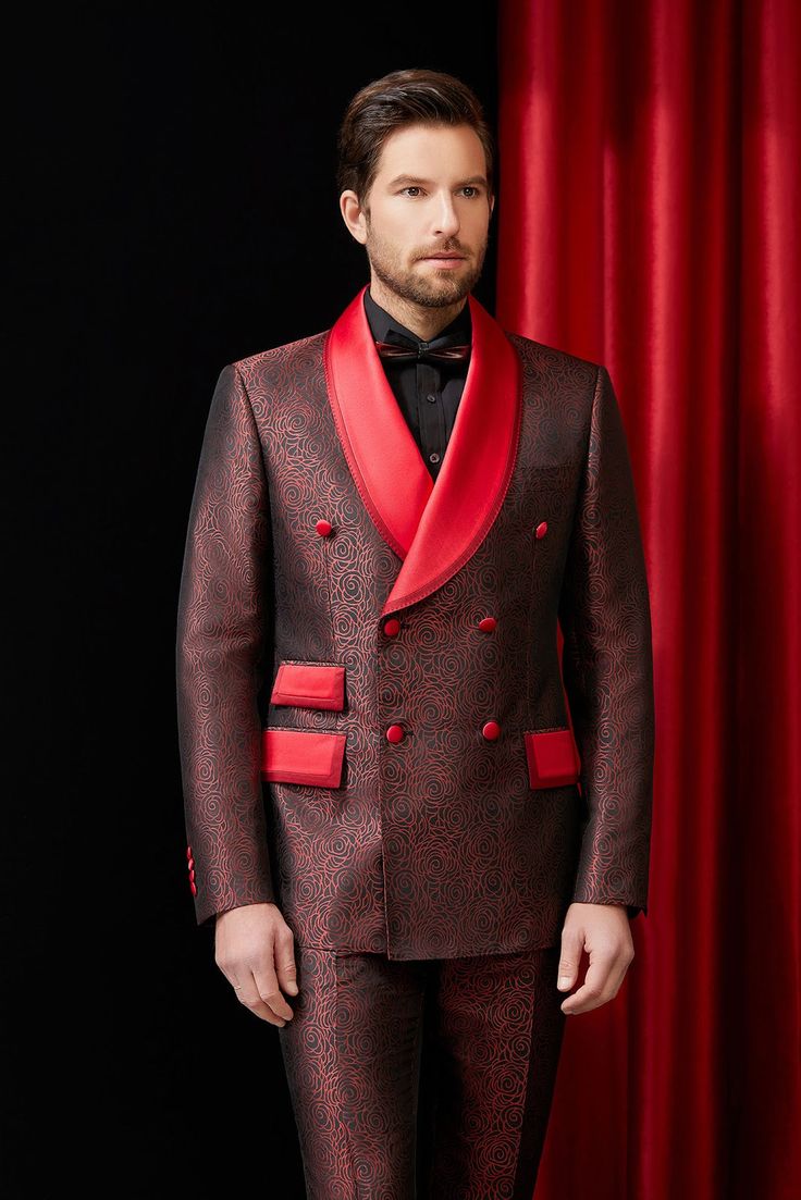 Stand out in this bold double breasted tuxedo for men or women with strong red accents that are great for any black tie event. This is great for big events, weddings, and any other formal event where you would like to add an additional pop of color to a formal evening. FREE SHIPPING ON ORDERS OVER $199 COLOR Red COMPOSITION N/A YARN COUNT N/A WEIGHT 290g FABRIC STYLE Jacquard OCCASION Wedding/Gala Luxury Double-breasted Tuxedo, Red Blazer With Suit Collar For Evening, Luxury Double-breasted Tuxedo For Semi-formal Occasions, Elegant Tailored Red Suit, Red Evening Blazer With Suit Collar, Elegant Red Business Suit, Elegant Red Business Blazer, Red Evening Blazer, Notch Lapel Tuxedo For Gala And Party