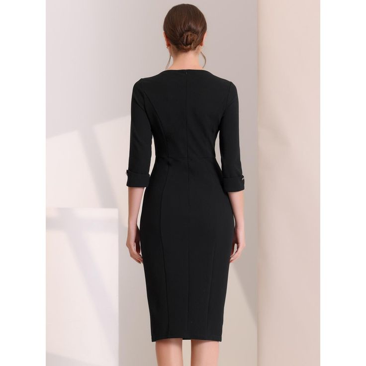 The formal pencil dress goes great with any body shape, comes in a wide range of sizes, and looks just great on you whenever and wherever you decide to wear it. Pair it with high heels and a handbag for an elegant and urban chic lady outfit. The women's bodycon dress is elegant and professional, showing your unique personal charm and producing a slimming visual effect. Bodycon Dress For Workwear, Workwear Bodycon Dress, Fitted Bodycon Dress With 3/4 Sleeve For Work, Fitted Half Sleeve Midi Dress For Work, Fitted Midi Dress With Half Sleeve For Work, Formal Fitted Bodycon Dress With 3/4 Sleeve, Elegant Bodycon Dress For Office, Elegant Bodycon Pencil Dress For Office, Formal Bodycon Dress With 3/4 Sleeves