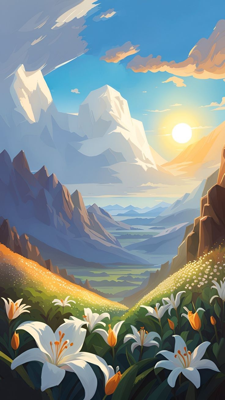 a painting of mountains with flowers in the foreground and clouds in the sky above