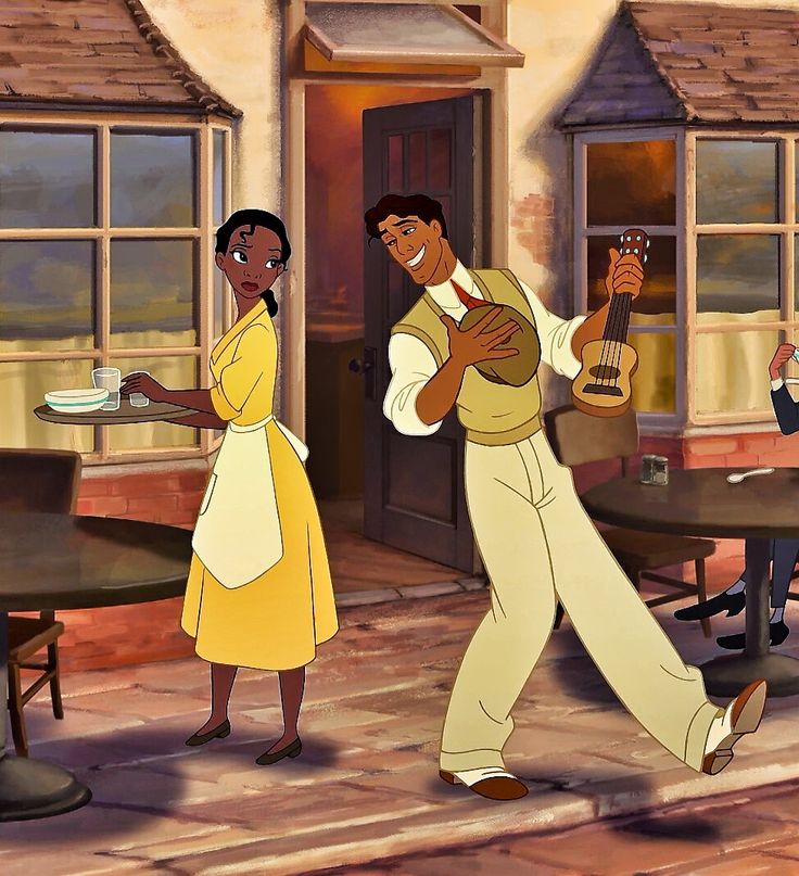 the prince and princess are dancing together in front of a house with their guitars on