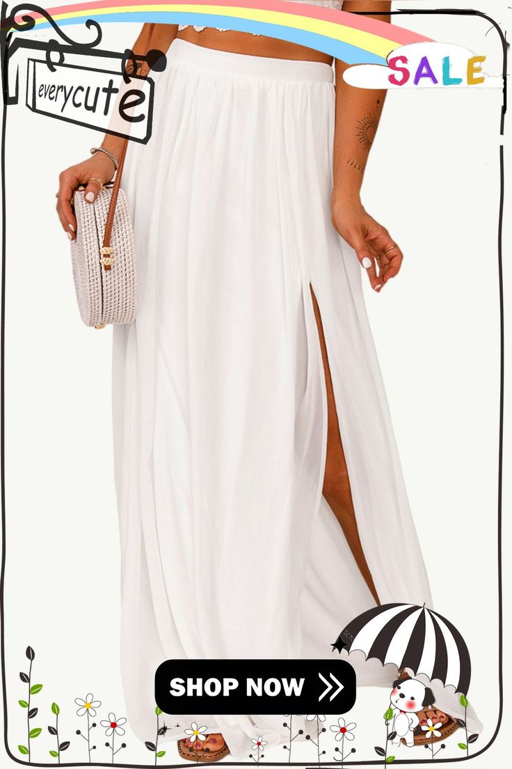 White High Waist Maxi Skirt with Split White Pleated Maxi Skirt For Beach, High Waist White Maxi Skirt For Summer, White High Waist Maxi Skirt For Summer, Casual Maxi Skirt For Party With Elastic Waistband, Casual Party Maxi Skirt With Elastic Waistband, White High Waist Maxi Skirt For Spring, White High-waist Maxi Skirt For Spring, Chic White Maxi Skirt With Elastic Waistband, White Wide Leg Skirt For Vacation