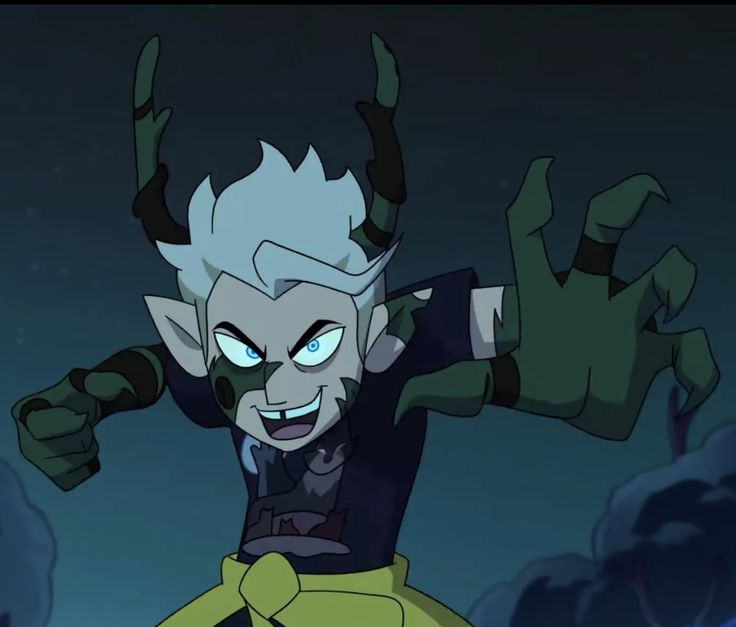 an animated character with white hair and blue eyes, holding his hands up in the air