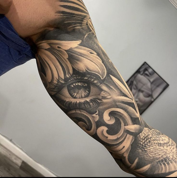 a man's arm with tattoos on it and an eye in the middle of his arm