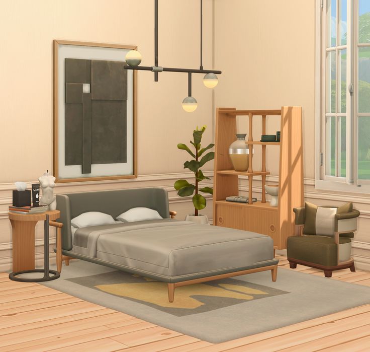 a bedroom with a bed, desk and chair in it's center area next to a large window