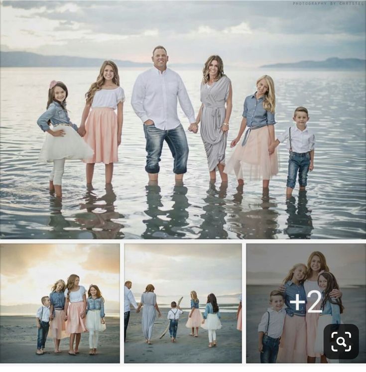 a family standing in the water at sunset with their two children and one adult holding hands