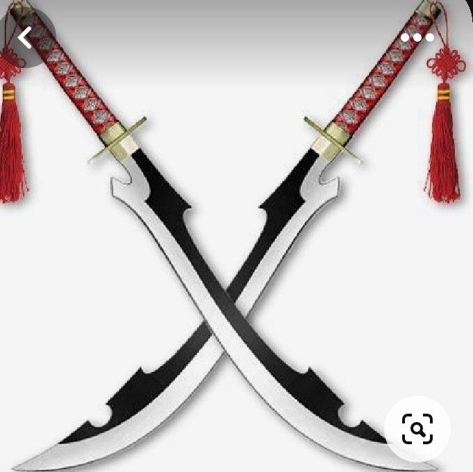 two crossed swords with tassels on each side and one has a red handle