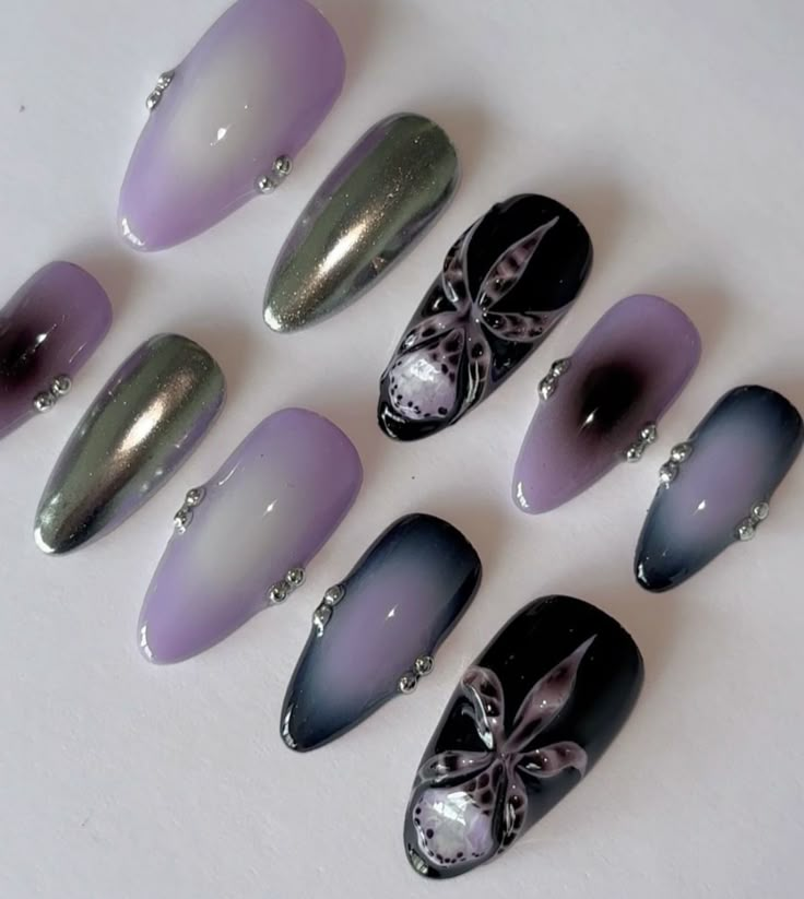 Scaramouche Inspired Nails, Jjk Inspired Nails, Dark Purple Nails Designs, Dark Blue And Pink Nails, Pink Nails Coquette, Purple Goth Nails, Purple Witchy Nails, Purple Nail Set, Nail Art Birthday