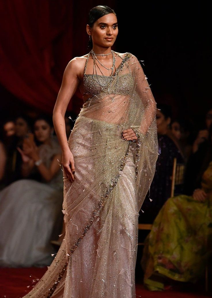 Dusty lilac shimmer tulle Sari with a trail palla, adorned with micro Japanese cutdaana, sequins and crystal stone border. Paired with embroidered blouse. Nehru Jackets, Western Wedding, Wedding Service, Short Suit, Bride Bridal, Embroidered Blouse, Stones And Crystals, Pants Set, Gowns Dresses