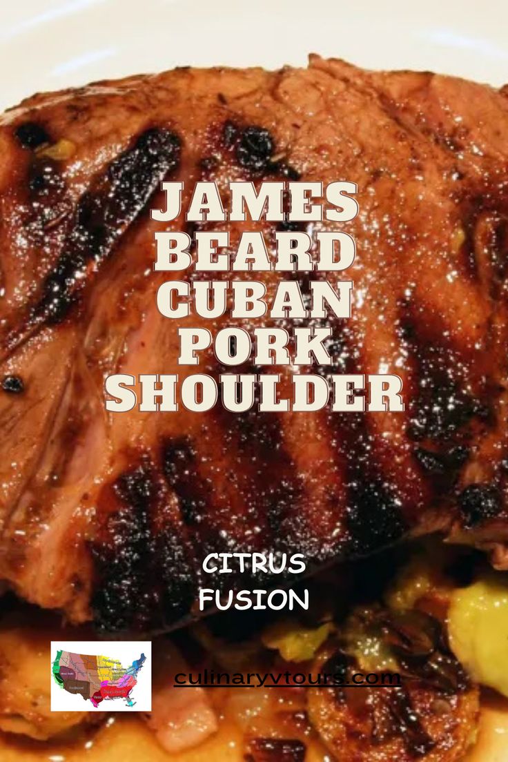 the cover of james beard's cuban pork sholderr is shown on a white plate