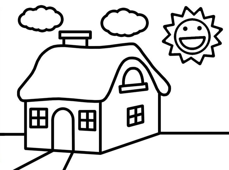 a drawing of a house with a sun above it