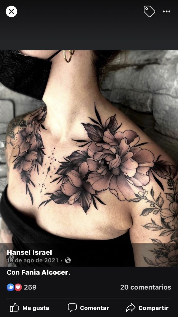 a woman's chest with flowers on it, and the caption for her name