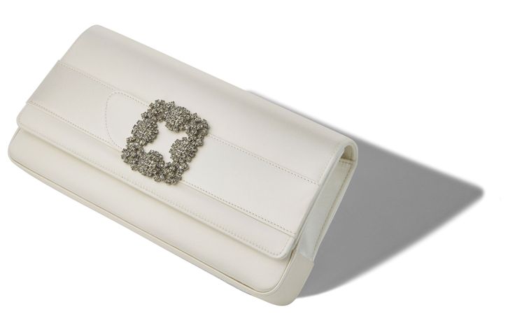 GOTHISI | Light Cream Satin Jewel Buckle Clutch | Manolo Blahnik Chic Rectangular Clutch With Palladium Hardware, Classic Rectangular Clutch With Palladium Hardware, Classic Rectangular Clutch With Silver-tone Hardware, Formal Rectangular Clutch With Palladium Hardware, Chic Party Clutch With Palladium Hardware, Designer Rectangular Case Evening Bag, Luxury Rectangular Clutch For Dinner, Luxury Clutch Evening Bag For Dinner, Luxury Rectangular Evening Bag For Dinner