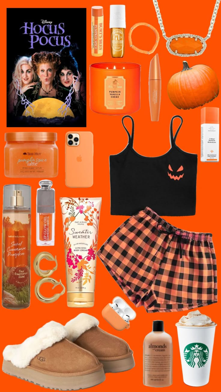 the contents of a woman's purse are arranged on an orange background with pumpkins