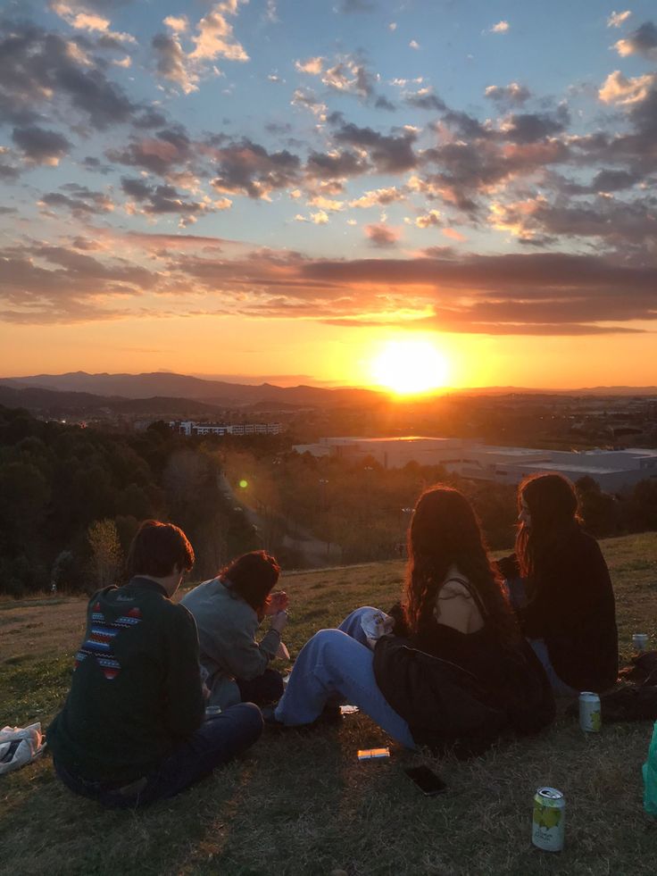 group of people sitting on the grass at sunset