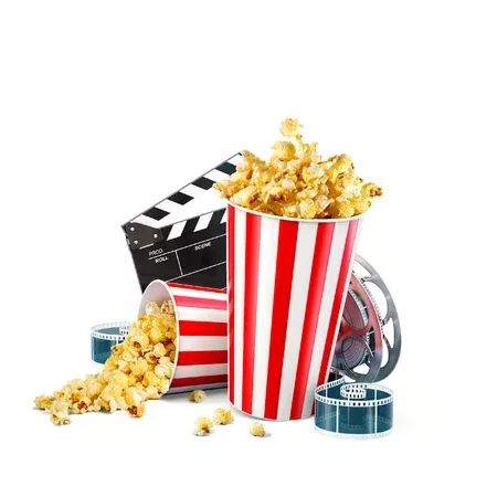 a red and white striped bucket full of popcorn next to a movie clapper on a white background