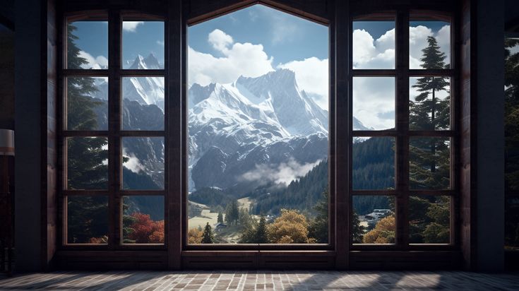 an open window with the view of mountains and trees in it, looking out onto a mountain valley