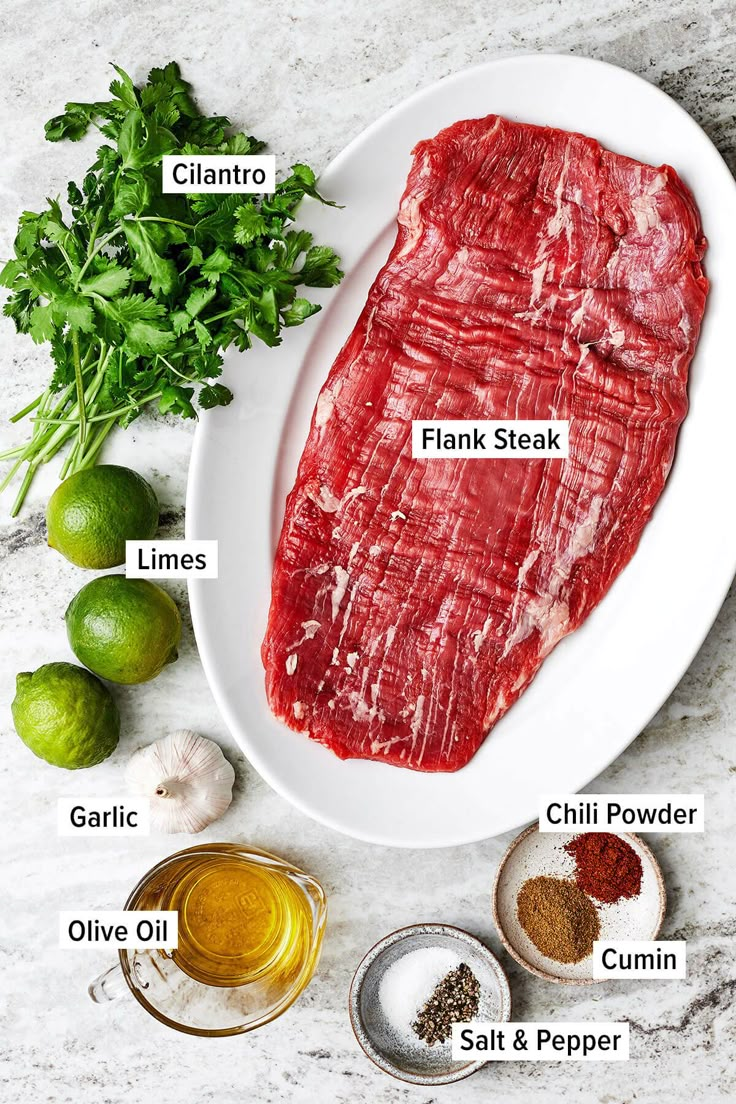 raw meat on a white plate with ingredients labeled in the top right corner and below it