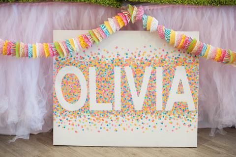 there is a sign that says ollivia with sprinkles on it