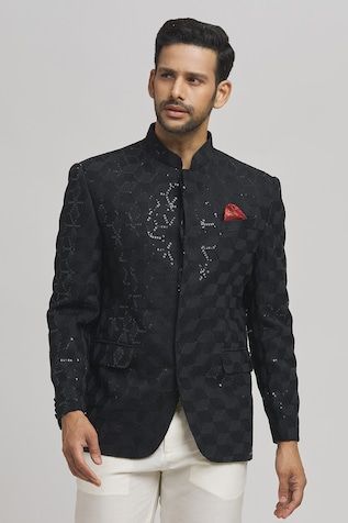 Black bandhgala with tonal sequins, geometric embroidery. - Aza Fashions Elegant Nehru Jacket With Mirror Work For Festive Occasions, Festive Nehru Jacket For Formal Parties, Formal Party Wear Sets With Mirror Work, Designer Sets With Mirror Work For Festivals, Formal Fitted Nehru Jacket With Resham Embroidery, Designer Formal Festive Sets, Festive Bandhgala For Party, Designer Festival Sets With Mirror Work, Designer Black Traditional Wear For Festive Season