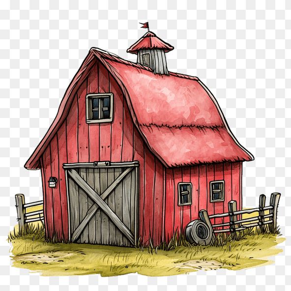 a barn with a red roof and a fence on the grass, hd png