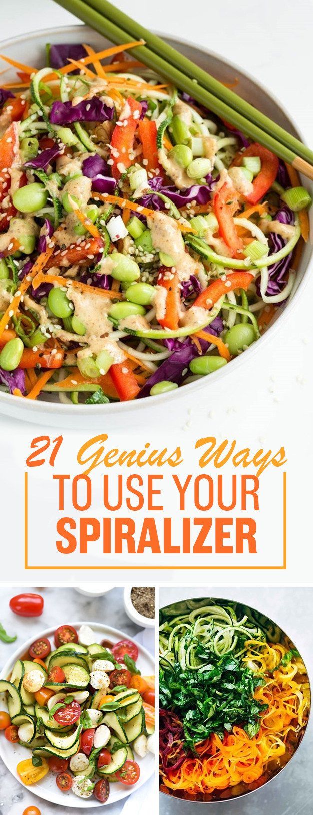 several different types of salads with the words, 29 genius ways to use your spiralizer