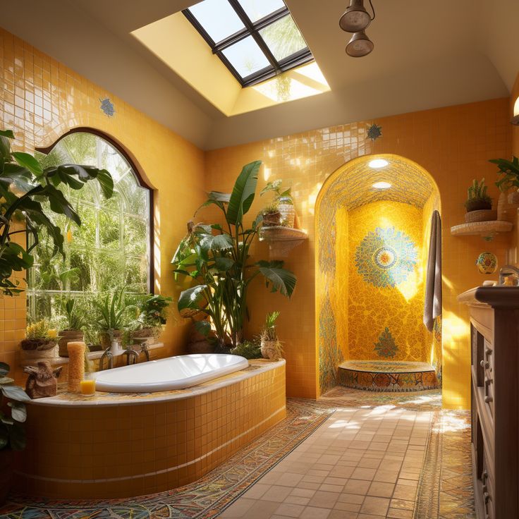 a bath room with a large tub next to a plant filled wall and two windows