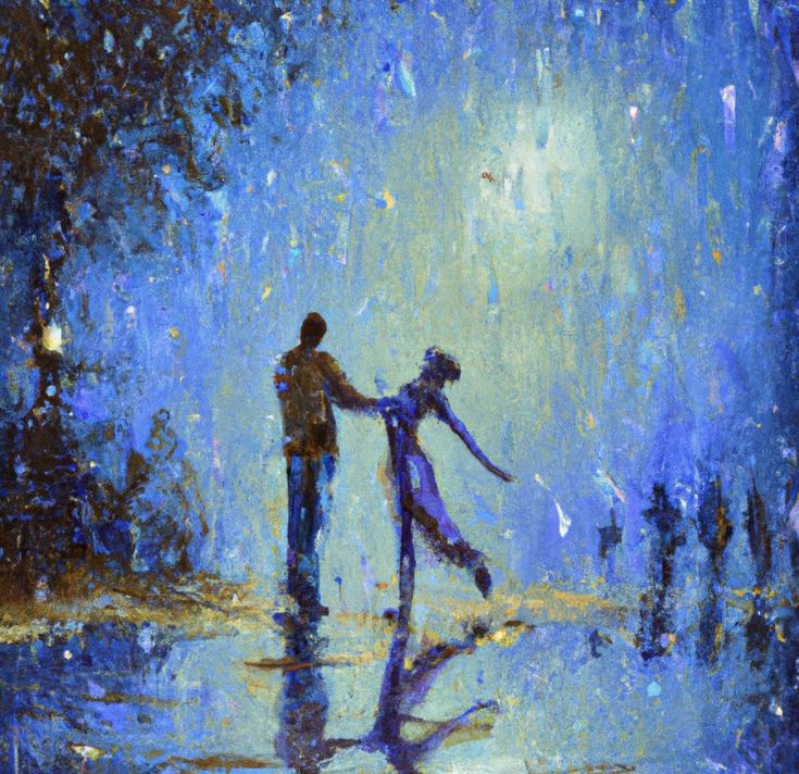 a painting of two people holding hands in the rain