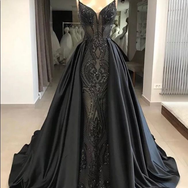 Worn For 2 Hours. Perfect Condition Goth Wedding Dresses, Black Lace Evening Dress, Black Wedding Gowns, Satin Bridal Gowns, Black Wedding Dress, Celebrity Gowns, Black Evening Gown, Spaghetti Strap Prom Dress, Black Bridal