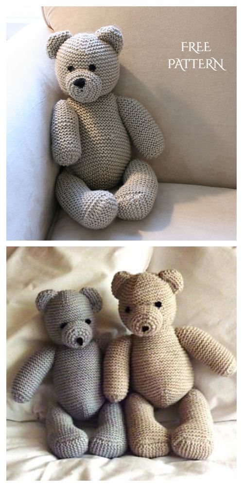 two stuffed bears sitting next to each other on a white couch with the caption free pattern