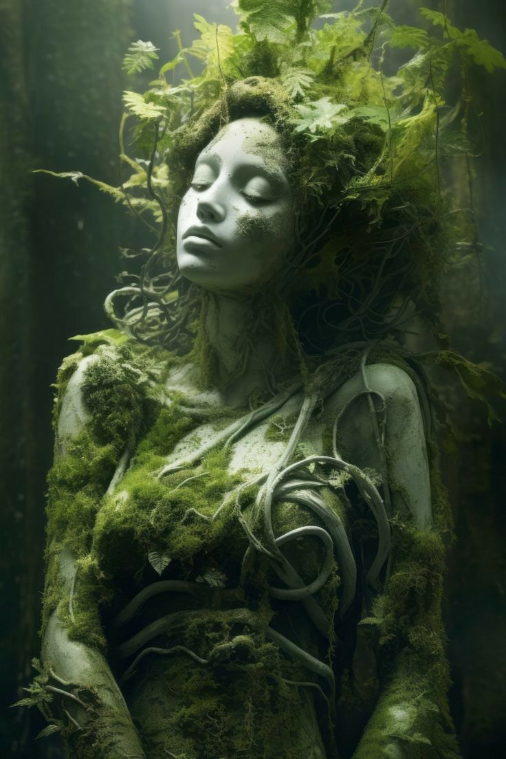 a woman is covered in moss and leaves