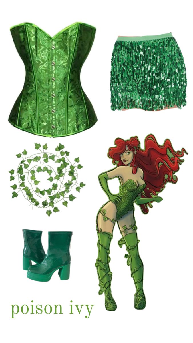 the costume is green and has sequins on it's skirt, boots, and belt