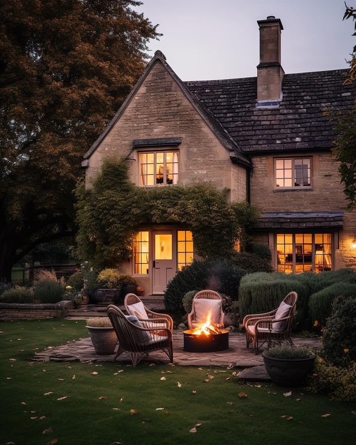 two wicker chairs sitting in front of a fire pit on top of a lawn