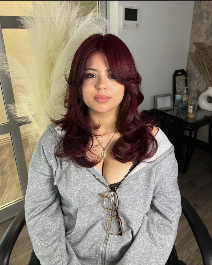 insta @karedoeshair Dark Red Hair No Bleach, Cherry Cola Short Hair, Dark Red Hair Blue Eyes, Hair Color For Dark Brown Eyes, Dark Red Wine Hair, Red Hair No Bleach, Purple Burgundy Hair, Dark Maroon Hair, Dark Cherry Hair