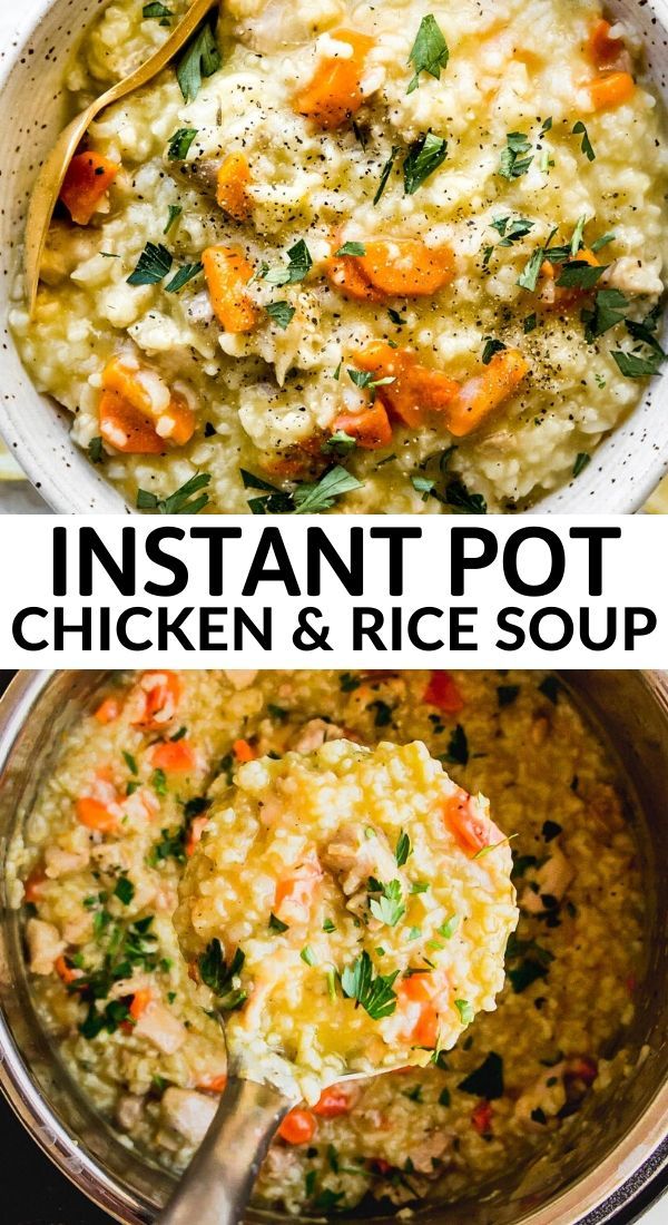 instant pot chicken and rice soup in a white bowl