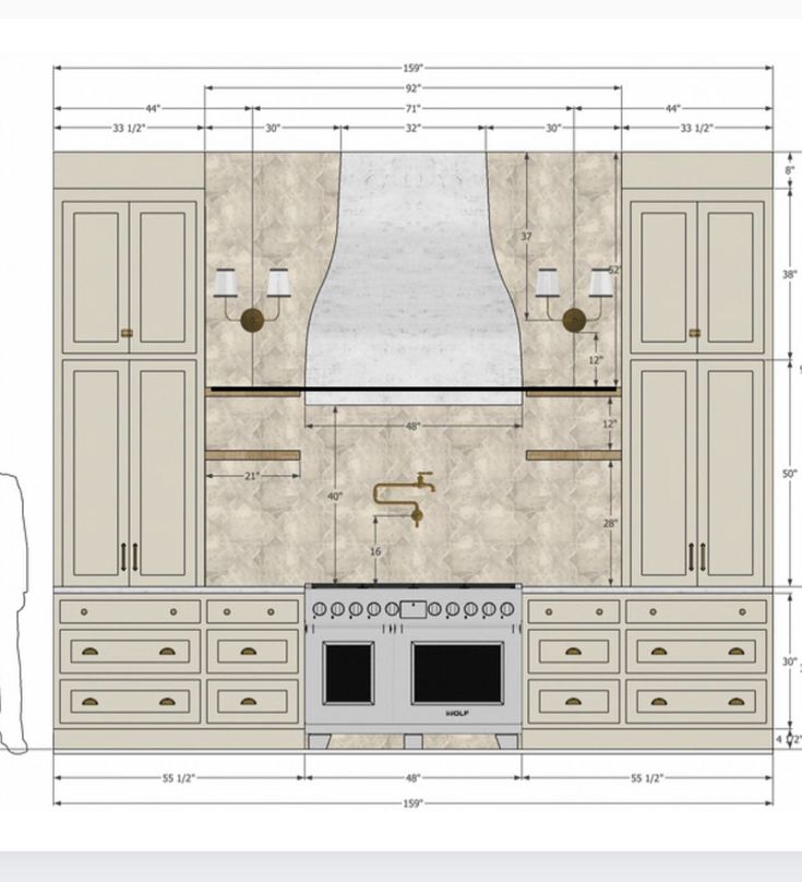 a drawing of a kitchen with an oven, sink and countertop area in it