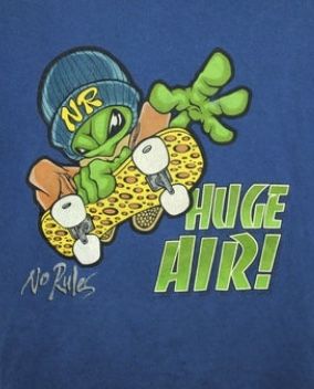 a t - shirt with an image of a turtle on a skateboard that says hug air