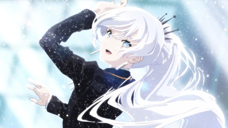 an anime character with white hair and blue eyes holding her hand up to her head