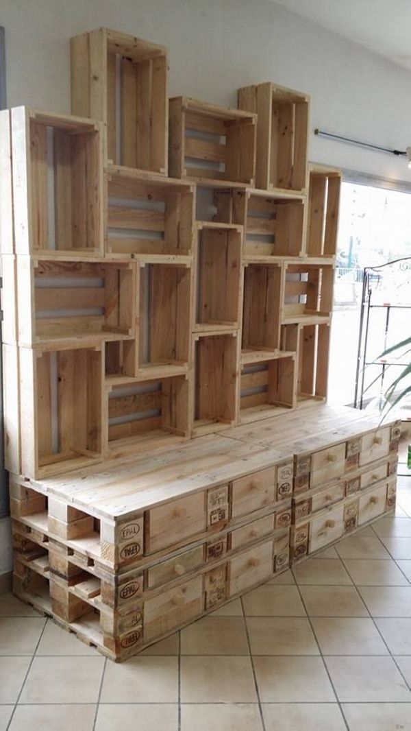 a large wooden shelf sitting on top of a tiled floor