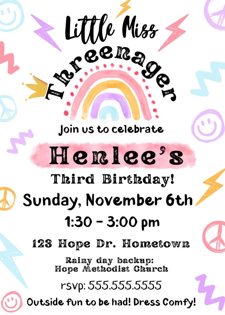 a birthday party flyer with an image of a rainbow and peace sign in the background