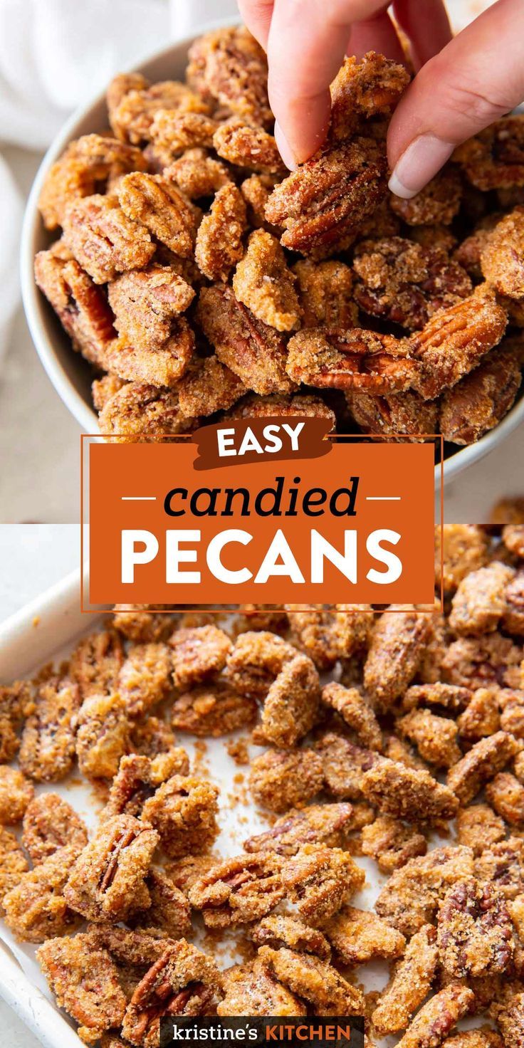 a person dipping candied pecans into a bowl with the words easy candied pecans