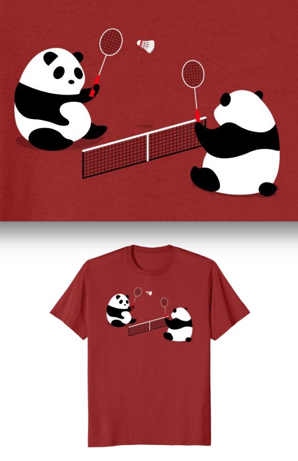 two pandas are playing tennis together on the same t - shirt, and one is holding a racket