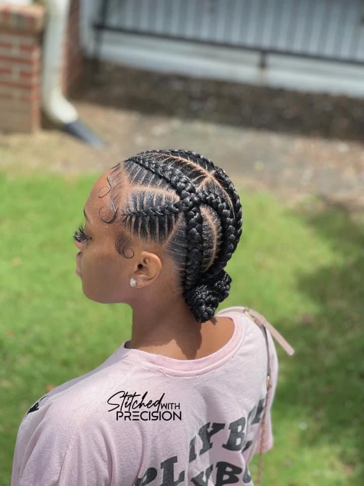 Feed In Braids Criss Cross, Two Stitch Braids Cornrows, Straight Back Feed In Braids Black Women, Feedin Braids Into Low Bun, Cornrows Going Back Into A Bun, 8 Feed Ins Braids, 6 Straight Back Feed In Braids With Design, 5 Braids Cornrows, 4 Feedin Braids Style