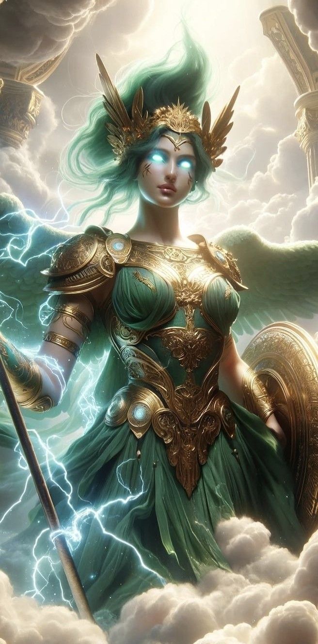 a woman dressed in green and gold holding a spear standing on clouds with lightning behind her