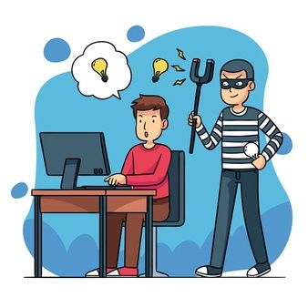 two people in front of a computer, one holding a tool and the other wearing a blindfold