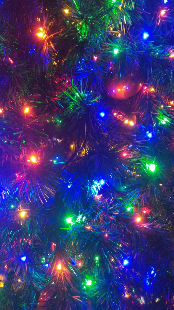 a close up view of a christmas tree with multicolored lights