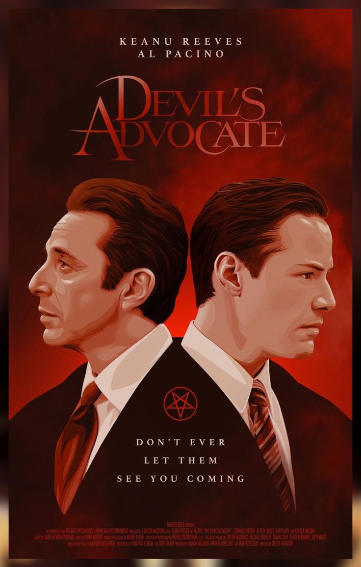 the devil's advocate movie poster with two men in suits, one wearing a pentagram