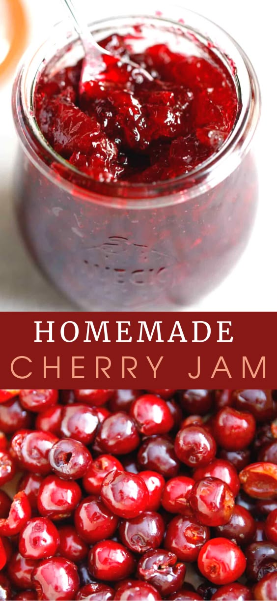 homemade cherry jam in a jar with the words, homemade cherry jam on top and below